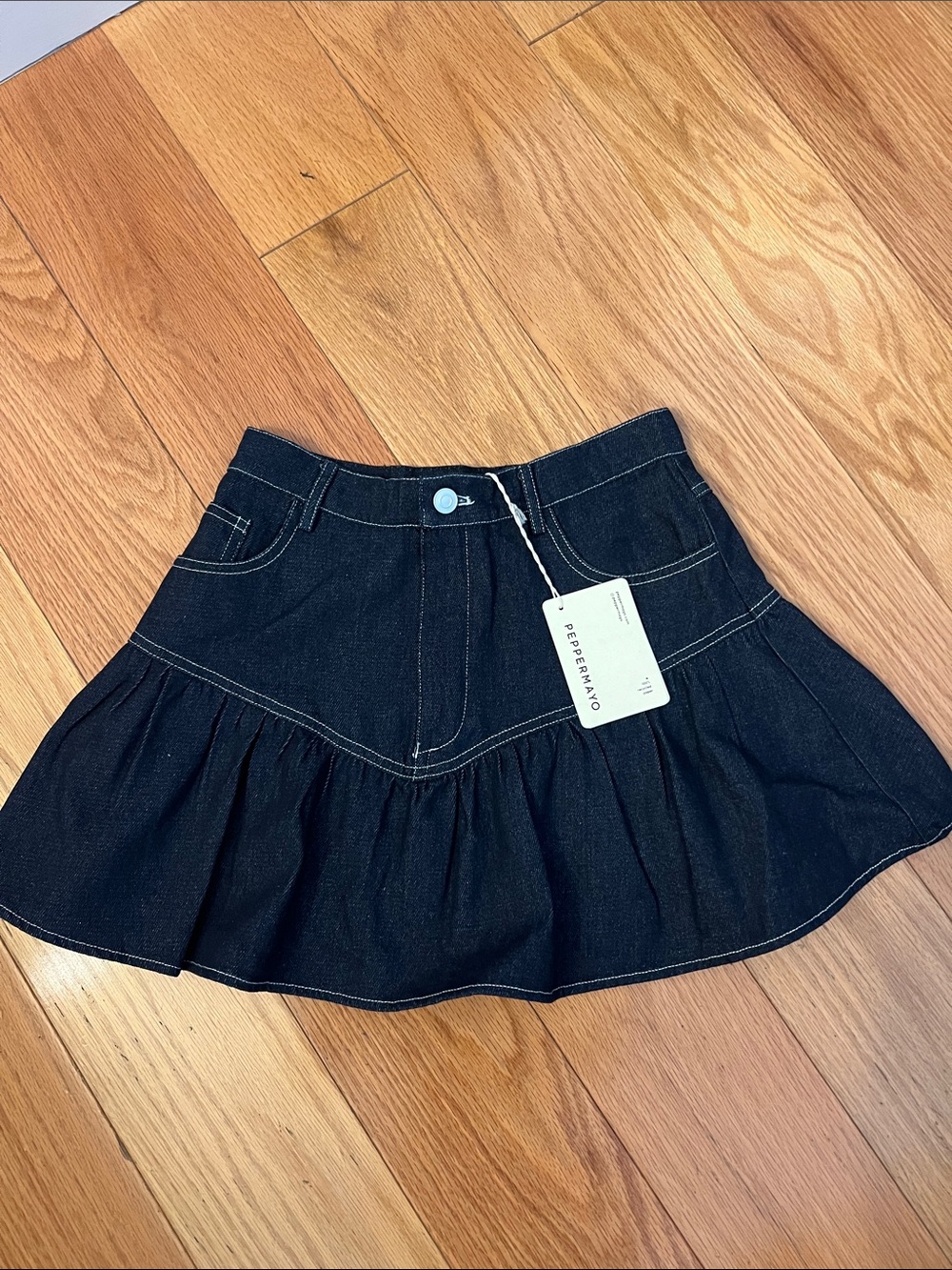Peppermayo Denim Flared Ruffle Mini Skirt
